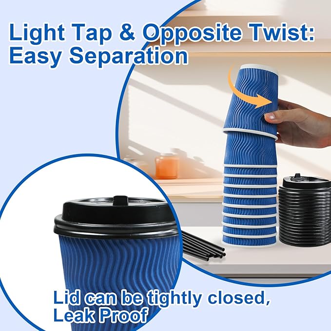 Coffee Cups, 100 Pack 12 oz Disposable Blue Insulated Paper Cups, Corrugated Kraft Ripple Wall Cup, Comes With Lids and Straws, Suitable for Hot and Cold Drinks