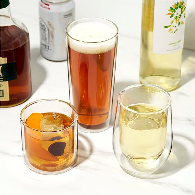 True Double Walled Stemless Wine Glasses, 10 oz Borosilicate Glass Cups for Red and White Wines, Insulated Cocktail Glasses, Clear Iced Coffee Cups, Home Bar Glassware, Wine Lovers Gifts, Set of 2