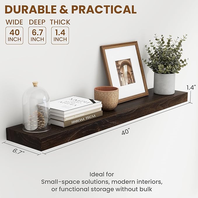 Fun Memories Wood Floating Shelves 40 Inch Long, Solid Elm Wood Wall Shelves Set of 1 for Kitchen, Living Room, Bedroom, Wall-Mounted Rustic Wooden Bathroom Shelf Storage Shelf for Farmhouse, Walnut