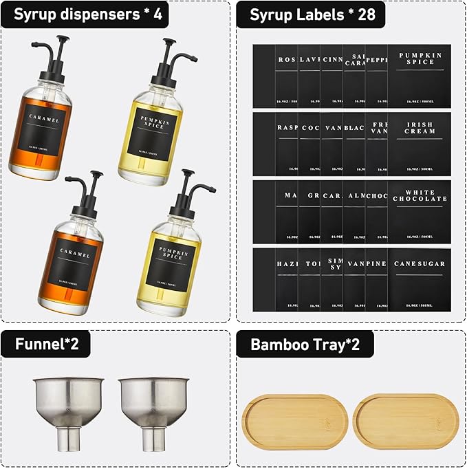 Coffee Syrup Dispenser for Coffee Bar, Coffee Syrup Pump Dispenser, Glass Syrup Bottle with Black Upgraded Pump, 4 Pack 16.9 oz 500 ml Syrup Dispensers, 28 Labels and 2 Bamboo Tray