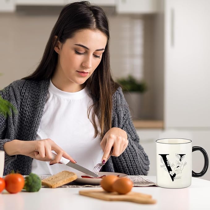 Monogram Ceramic Coffee Mugs, 11 oz Initial Drinking Cup with Gift Box, Unique Birthday Valentines Day Gifts for Women Wife Mothers Day Grandma Mom Aunt, V