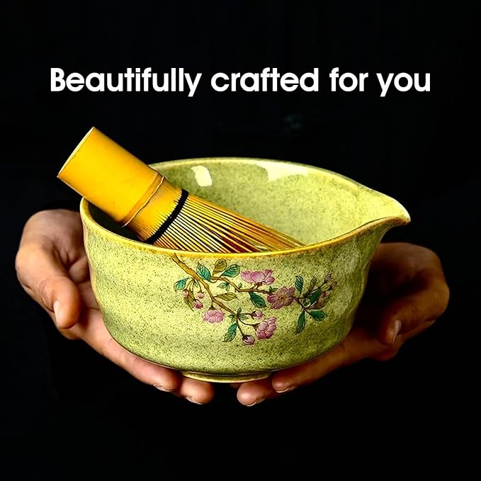 7-Piece Matcha Set with Ceramic Matcha Bowl, Bamboo Whisk (Chasen) & Holder, Sifter, Tea Scoop & Rest, Special Bamboo Tea Mat - Perfect Matcha Kit for Matcha Lovers & Gift Giving, Green