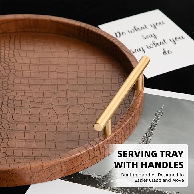 Modern Decorative Serving Tray, Set of 2 Modern Crocodile Leather Round Trays with Polished Metal Handles, Decorative Trays Coffee Table Tray Ottoman Platter for Home Decor (Brown)