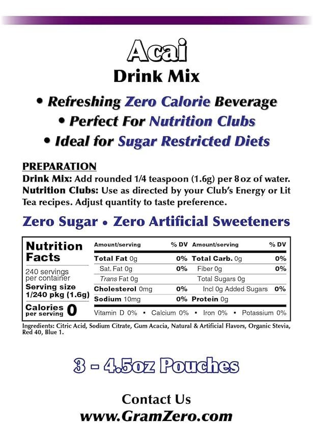 GramZero Acai Zero Calorie Sugar Free Drink Mix, Great For Nutrition Club Loaded Tea, Stevia Sweetened