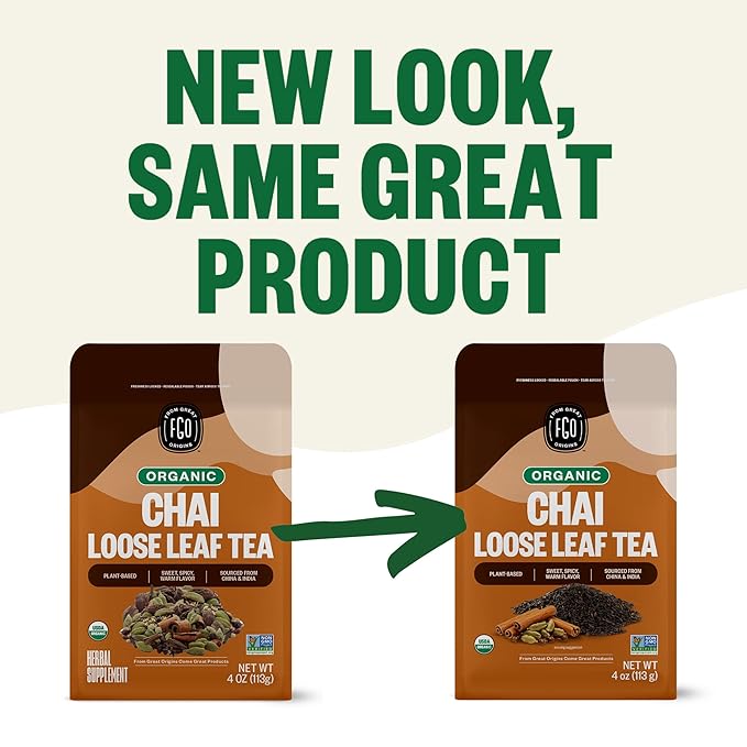 FGO Organic Chai Tea, 4 Ounce Loose Leaf, Resealable Bag, Packaging May Vary (Pack of 1)