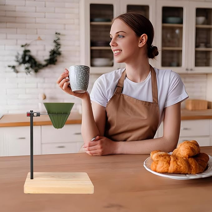 Pour Over Coffee Maker Set - Silicone Dripper, Ruggedly Elegant Solid Wood Base, Carbon Fiber Stand, 40 Filters - 4 in 1 Perfect for Home, Office and Outdoors