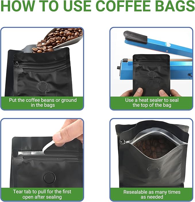 100 Pack 8 oz Coffee Bags with Valve Black Flat Bottom Coffee Beans Packaging Pull Tab Zipper Resealable Bags
