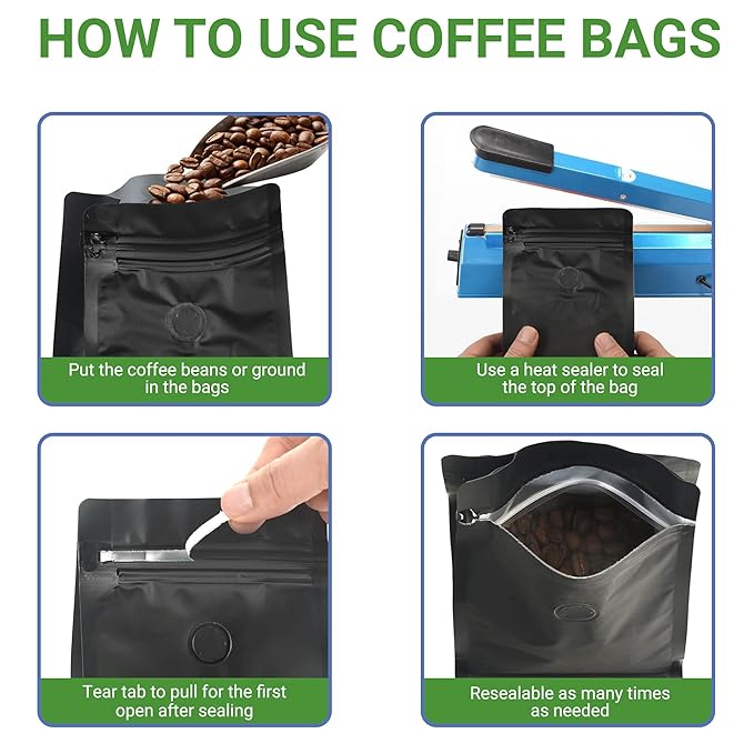 PouchWorth 100 Pack 12 oz Coffee Bags with Valve Black Flat Bottom Coffee Beans Packaging Pull Tab Zipper Resealable Bags