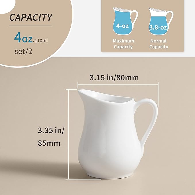 Gurygo 2 Pack 4 Oz Classic White Ceramic Small Creamer Pitcher with Handle- Fine Porcelain Small Milk Pitcher - Ceramic Creamer Container for Coffee Milk Sauces Salad, Microwave & Freezer Safe