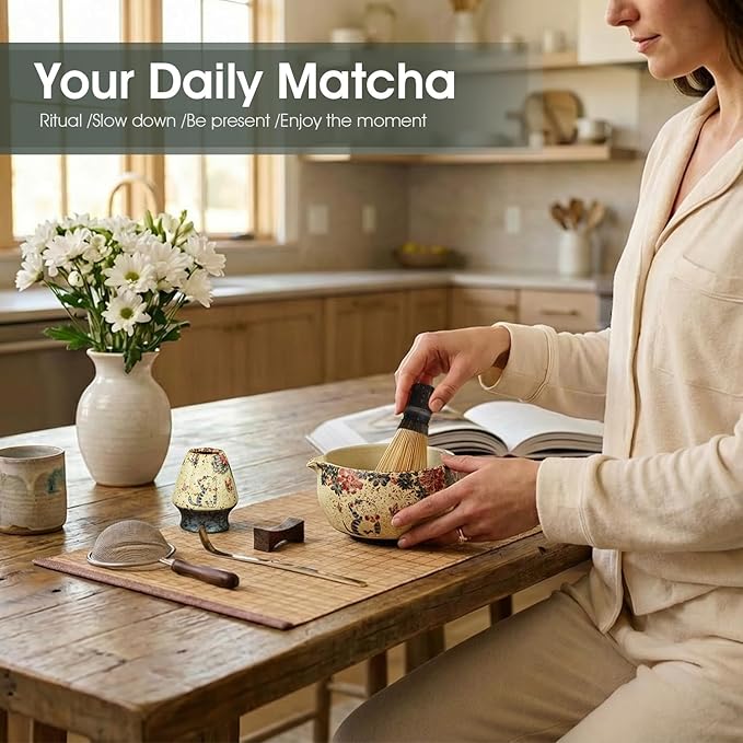 7-Piece Matcha Set with Matcha Bowl, Bamboo Whisk (Chasen) & Holder, Sifter, Tea Scoop & Rest, Special Bamboo Tea Mat - Perfect Matcha Kit for Matcha Lovers & Gift Giving, Kitty Pattern