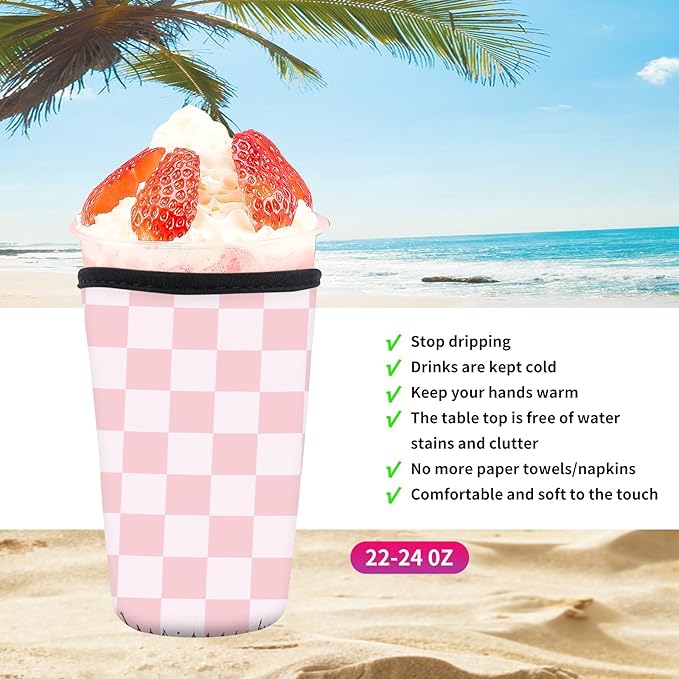 Reusable Neoprene Insulator Sleeve for Iced Coffee Cold Soda Cups, Cute Durable Drink Sleeve for Cold Beverages, Medium 22-28oz Cup Sleeve Cute Pink Checkerboard