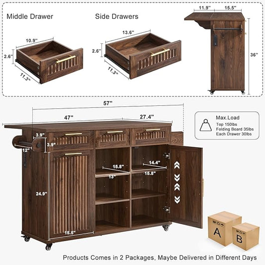 57" Kitchen Island with Storage — Kitchen Rolling Island with Trash Can Storage Cabinet, Power Outlet & Drop Leaf, Large Mobile Island Cart on Wheels with Spice & Towel Rack, Knife Holder (Walnut)