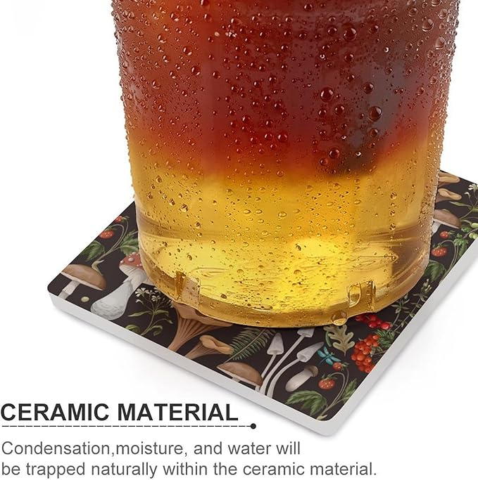 Square-6PCS Botanical Ceramic Coasters, Square Absorbent Drink Coasters, Vintage Cartoon Abstract Botanical Mushroom Plants Pattern Ceramic Table Coasters for Coffee, Beverage, Wine, Beer Coasters
