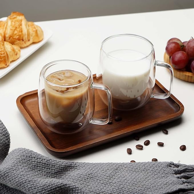 Double Wall Glass Coffee Mugs -8.2Oz Clear Insulated Glass Espresso Cups with Handle Mugs for Hot Beverages,set of 2 Perfect for Cappuccino Latte Americano Tea Bag (Small (2 PACK))