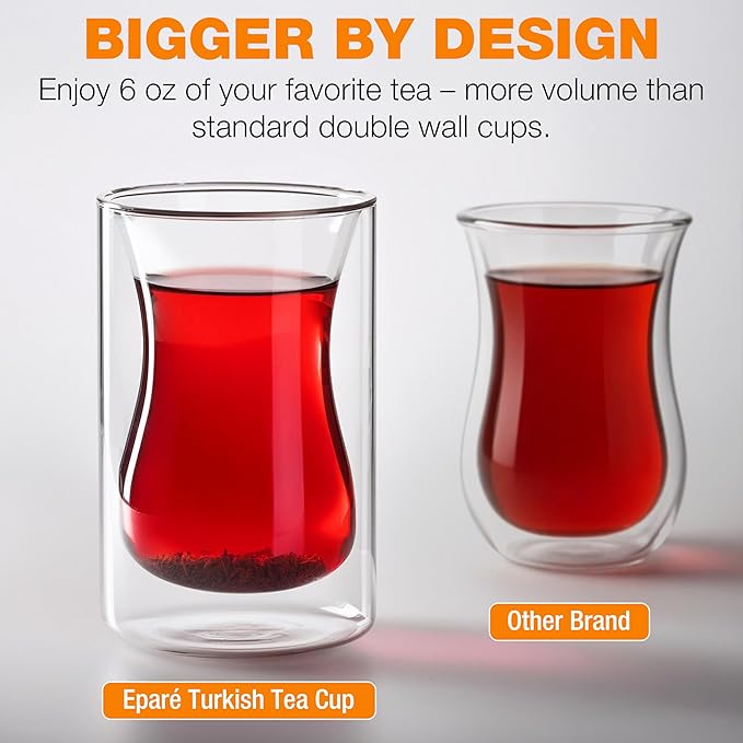 Eparé 6 oz Turkish Tea Cups Set of 2 – Heat Resistant Double Wall Turkish Tea Glass – Lightweight and Insulated Borosilicate Glasses