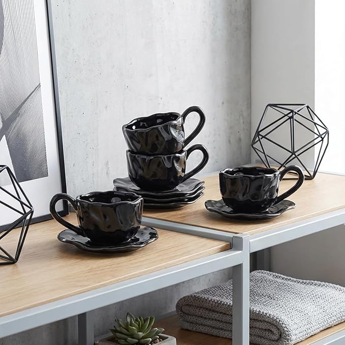 MyBudsBuzz Ceramic Espresso Cups with Saucers 6 oz,Coffe Cups for Cappuccino,Latte,Tea with Saucers Set of 2 - Flods - Black