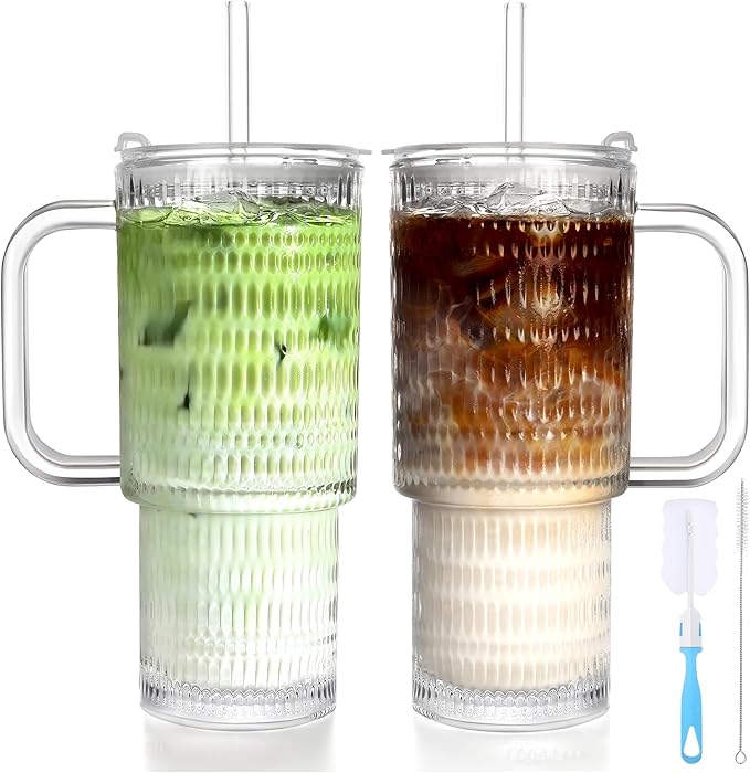 26oz Glass Cups with Lids and Straws,2 Pack Tumbler With Handle Mason Jar Wide Mouth Reusable Drinking Glasses with Lid and Straw Smoothie Tumbler Iced Coffee Beer Cup Travel Mug(Waterdrop)