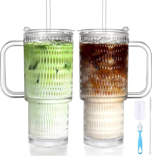 26oz Glass Cups with Lids and Straws,2 Pack Tumbler With Handle Mason Jar Wide Mouth Reusable Drinking Glasses with Lid and Straw Smoothie Tumbler Iced Coffee Beer Cup Travel Mug(Waterdrop)