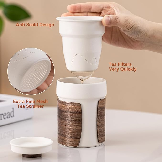 Tea Cup with Infuser and Lid 12.7oz - Artisan Ceramic Mug with Wooden Sleeve, Loose Leaf Tea Infuser Cup for Home/Office Use (Ideal for Birthday & Anniversary Gifting)