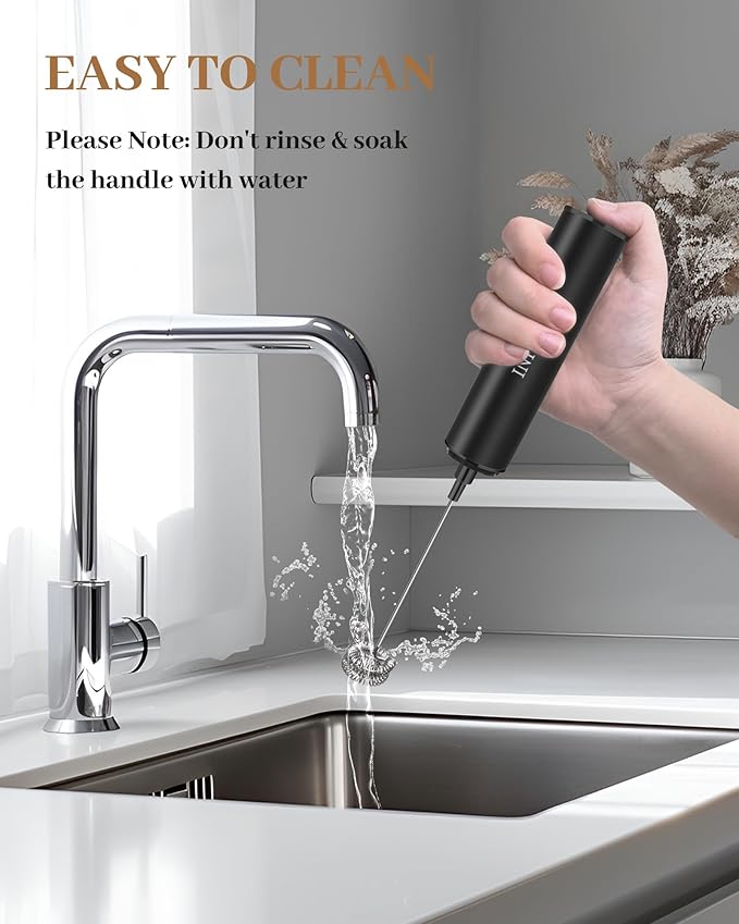 INFOOD Milk Frother Rechargeable with Cover - Coffee Frother Wand, Drink Mixer Handheld with 2 Detachable Stainless Whisks 2 Speed Adjustable for Latte, Cappuccino, Hot Chocolate, Egg, Black