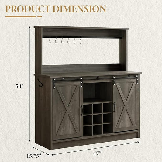4ever2buy Farmhouse Coffee Bar Cabinet with Hutch, 47 Inch Wine Bar with Storage, Buffet Cabinet with Adjustable Shelves & 9 Wine Racks, Kitchen Buffet Cabinet for Dining Living Room, Grey