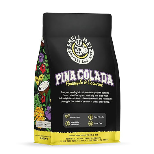 Bones Coffee Company Pina Colada, Pineapple and Coconut Flavored Coffee, Medium Roast Low Acid Arabica Beans Compatible with Auto drip and French Press Coffee Maker, 12 Oz Ground