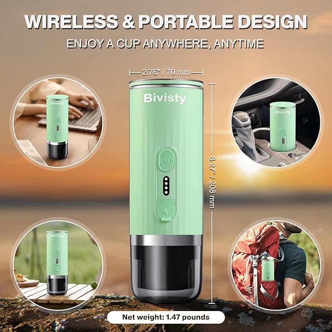 Portable Espresso Maker, Wireless Self-heating, Mini Coffee Maker, 80ml Water Tank, Ground Coffee Compatible with Nespresso & Dolce Gusto for Travel, Camping, Hiking, Office (Green)