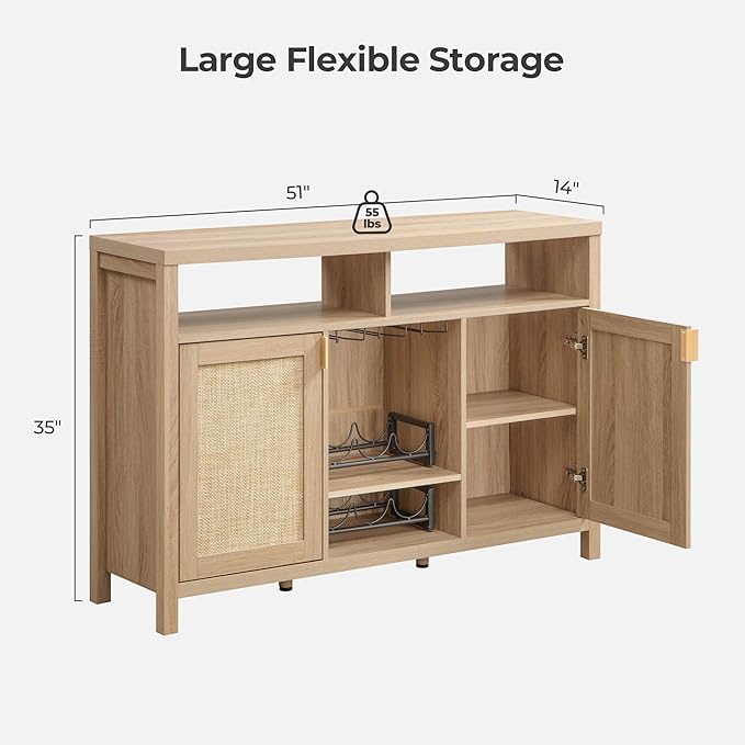 SICOTAS 51" Coffee Bar Cabinet Bar Cart with Storage, Wine Bar Cabinets Boho Home Bar Table, Rattan Sideboard Buffet with 2 Doors, Coffee Station with Wine Racks for Living Dining Room Entryway