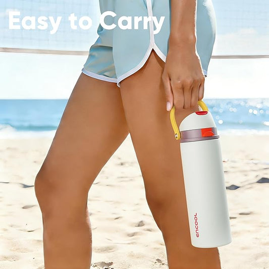 Insulated Water Bottle with Straw - Encool Stainless Steel Water Bottle with Push Button Lid, Leak-Proof & BPA-Free, Keeps Cold for 24 Hours for Sports, Travel, Gym (32 oz, Quill Grey-Red)