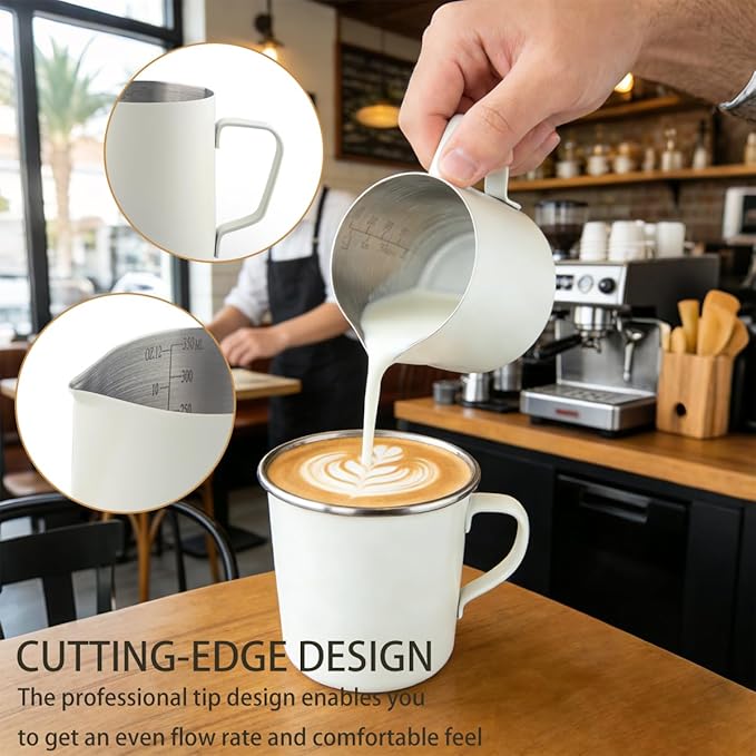 Milk Frother Cup, 12oz/350ml Milk Pitcher, Thickened 304 Stainless Steel Milk Frothing Pitcher for Espresso Coffee, Milk(White)