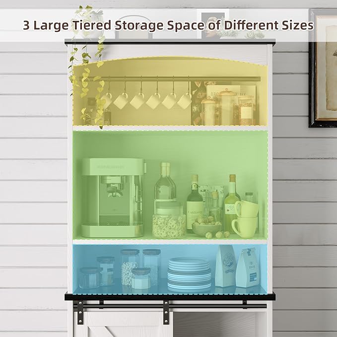 4ever2buy Farmhouse Tall Coffee Bar with Tall Hutch, Buffet Cabinet with Storage, 70 Inch Coffee Bar Cabinet with Sliding Barn Door and Adjustable Shelves for Living Dining Room, White