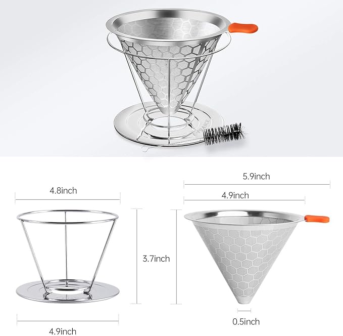 E-PRANCE Pour Over Coffee Dripper, Stainless Steel Coffee Filter Reusable Pour Over Coffee Filter Cone Coffee Dripper with Removable Cup Stand and Bonus Brush