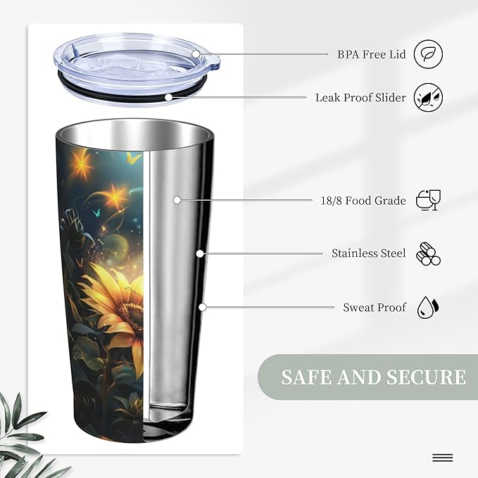 Sunflower Tumbler with Lid and Straw 20oz Coffee Tumblers Leakproof Stainless Steel Travel Mug Vacuum Insulated Cup for Iced and Hot
