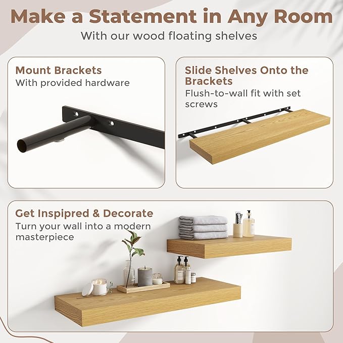 Marsmiles 12" Deep Floating Shelves for Wall with Invisible Brackets, Wall Mounted Engineered Wood Shelves with Wood Grain for Living Room, Bedroom, Kitchen Decor and Storage, 55" L Set of 1, Oak
