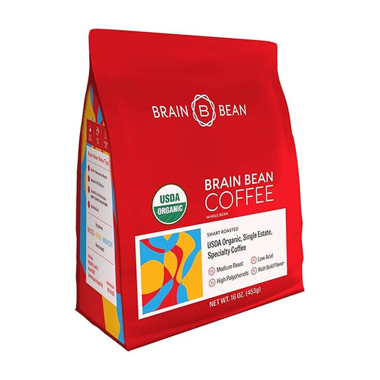 Brain Bean Organic Coffee – Smooth Taste & Rich Medium Roast – High Antioxidant & USDA certified organic for Cognitive Support, Mood Enhancement & Toxin Removal - Whole Bean Coffee – 16 oz (1-Pack)