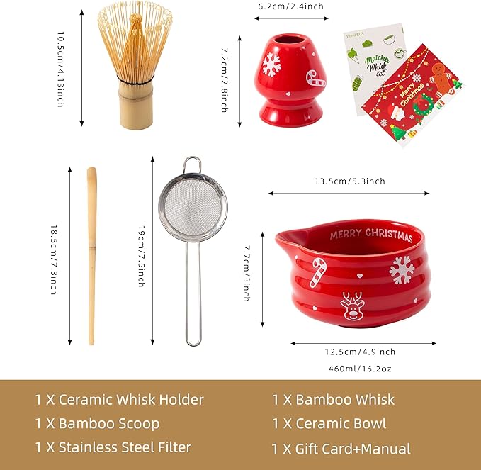 5pcs Premium Matcha Set,Ceramic Bowl with Spout and Bamboo Whisk set, Ceremonical Matcha Kit for holiday,Tea Starter Making Kit,Christmas Matcha Gift set (Reindeer Red)