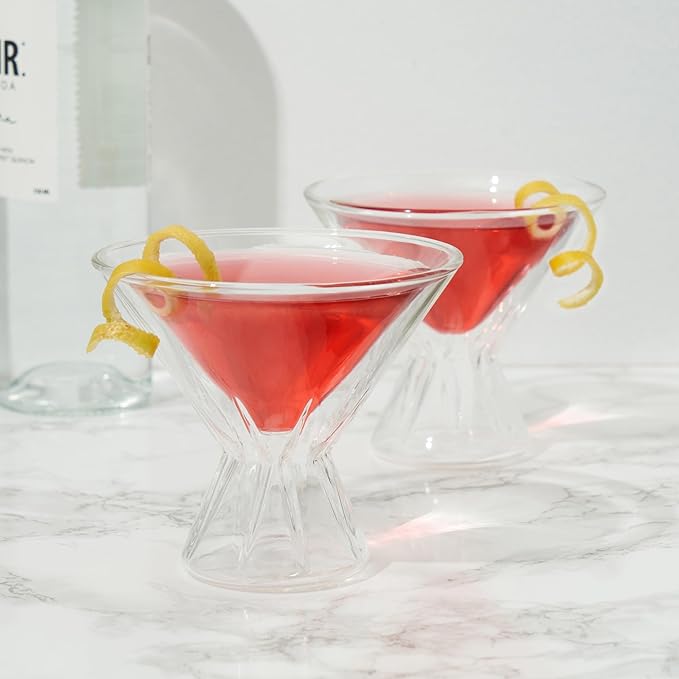 Viski Double Walled Cocktail Glasses - Insulated Martini Glasses with Cut Crystal Design - Dishwasher Safe Borosilicate Glass 8.5oz Set of 2
