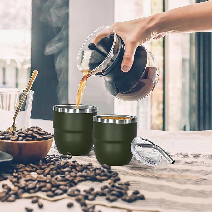 4oz Stackable Cup, Vacuum Insulated Espresso Cup Set of 2, Espresso Shot Glass for Coffee, Double Wall Stainless Steel Mini Tumbler Shot Glasses with Straw and Lid