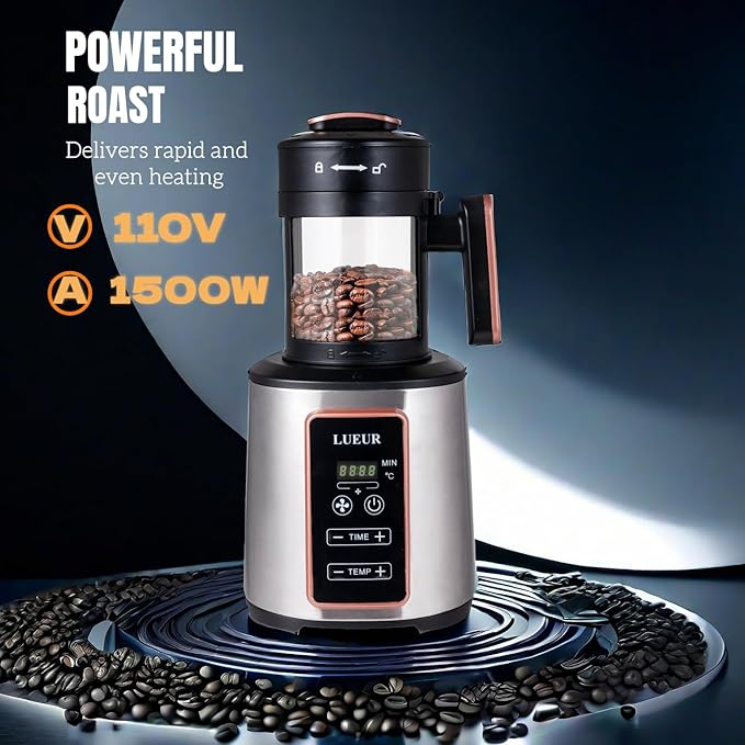 LUEUR Electric Coffee Bean Roaster Machine for Home Use, 1500W Hot Air Coffee Roaster with Adjustable Timer, Variable Heat & Air Fan Settings, Chaff Collection Basket, 100g Capacity