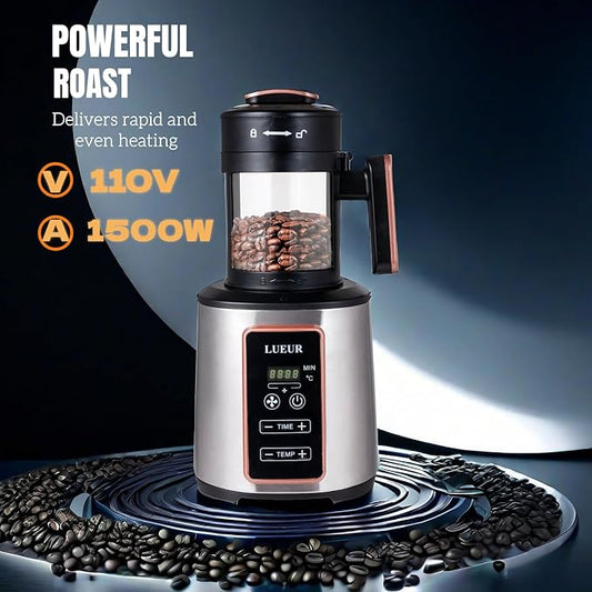 LUEUR Electric Coffee Bean Roaster Machine for Home Use, 1500W Hot Air Coffee Roaster with Adjustable Timer, Variable Heat & Air Fan Settings, Chaff Collection Basket, 100g Capacity