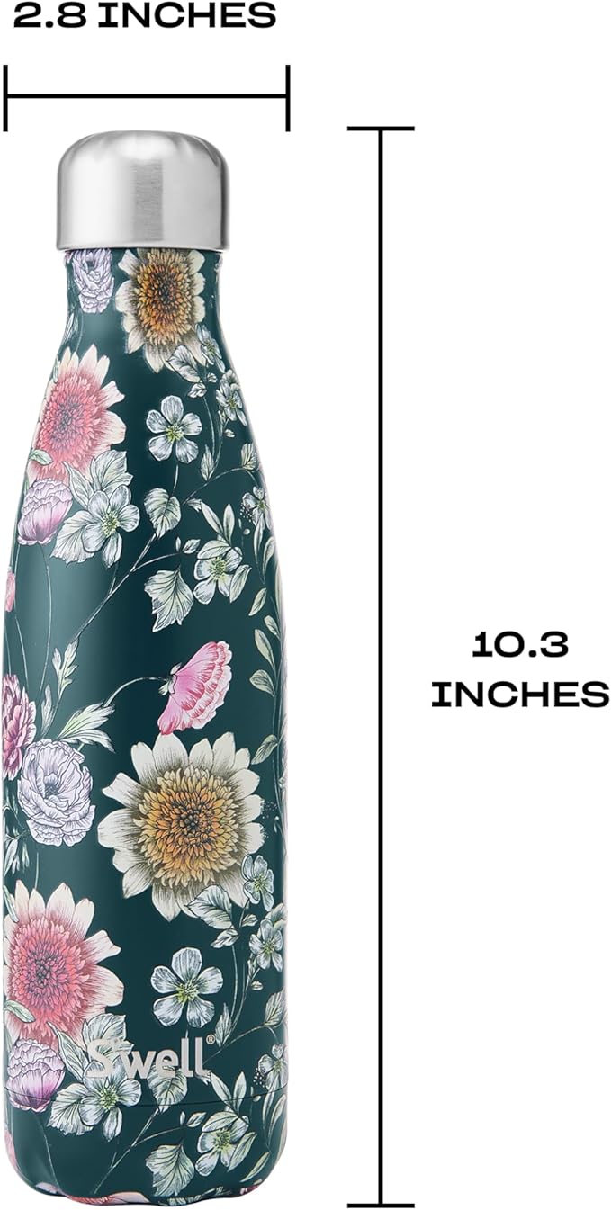 S'well Stainless Steel Water Bottle, 17oz, Midnight Botanical, Triple Layered Vacuum Insulated Containers Keeps Drinks Cold for 36 Hours and Hot for 18, BPA Free, Perfect for On the Go