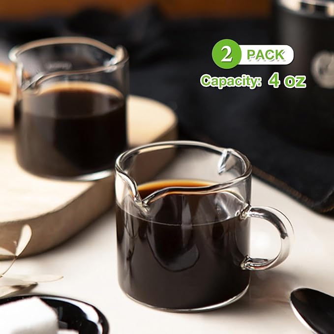 Espresso Cups Set of 2, 4 OZ Double Spouts Cups, Shot Glasses, Milk Cup with Handle, Clear Glass, Espresso Accessories for Machine, Small