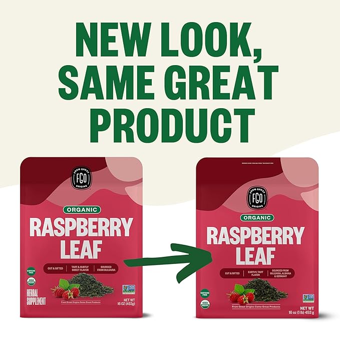 FGO Organic Red Raspberry Loose Leaf Herbal Tea, Cut and Sifted, Caffeine Free, 16oz Bulk Resealable Pouch, Packaging May Vary (Pack of 1)