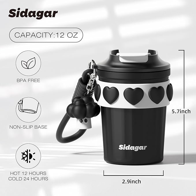12 oz Travel Coffee Mug Spill Proof Leak Proof, Stainless Steel Thermal Coffee Cup with Lid, Resuable Cup for Hot and Cold, Portable Tumbler for Women, Black