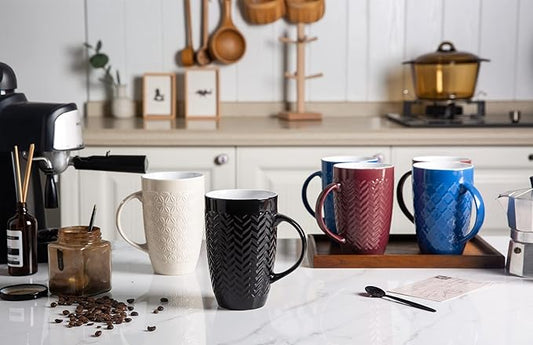 AmorArc Large Coffee Mugs Set of 6, 16oz Ceramic Tall Coffee Mugs Set with Textured Geometric Patterns for Latte/Tea/Beer/Hot Cocoa, Dishwasher & Microwave Safe, Black&Blue