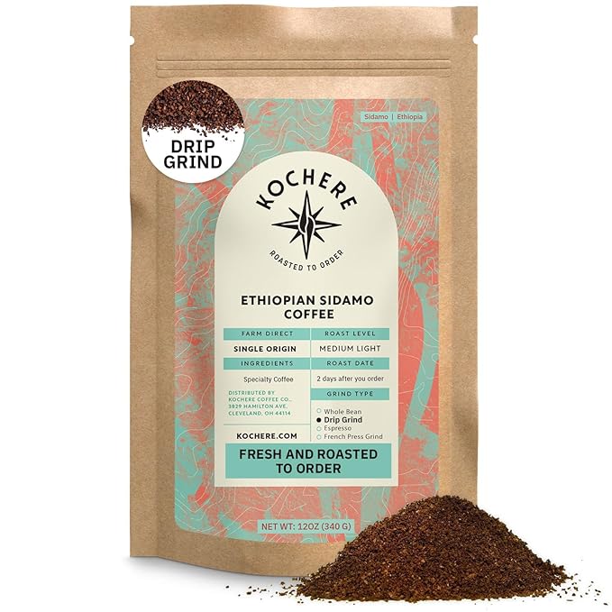 Ethiopian Sidama Ground Coffee - Single Origin Medium Light Roast, Freshly Roasted To Order Ground Coffee, Specialty Grade, Fair Trade and Non-GMO, Chocolate and Fruity Notes - 12 oz
