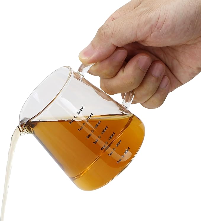 EIKS 2 Pack Glass Creamer Pitcher with Handle and Measurement Scale for Serving Coffee Milk Cream Tea Beverage Sauce Jam dressings (Capacity 240ml / 8oz)