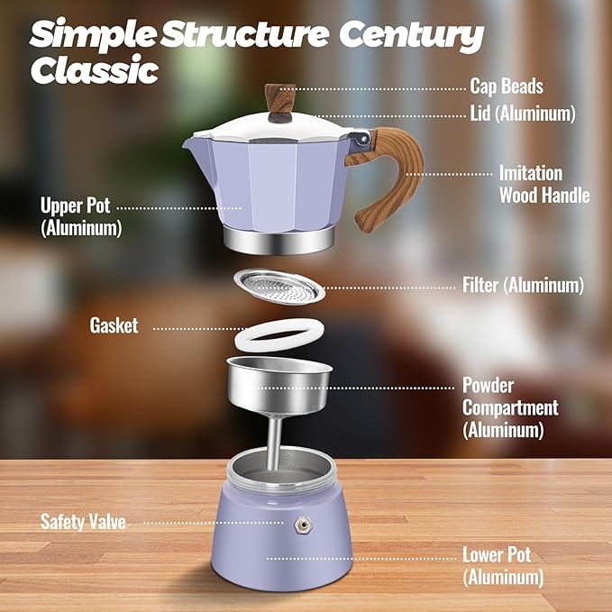 Vaolvpant 3 Cup Aluminum Moka Pot Purple Classic Stovetop Espresso Coffee Maker 150ml 5oz Coffeemaker Percolator Mocha Pot Greca Coffee Maker Cafe Makers for Italian and Cuban Café Brewing Purple