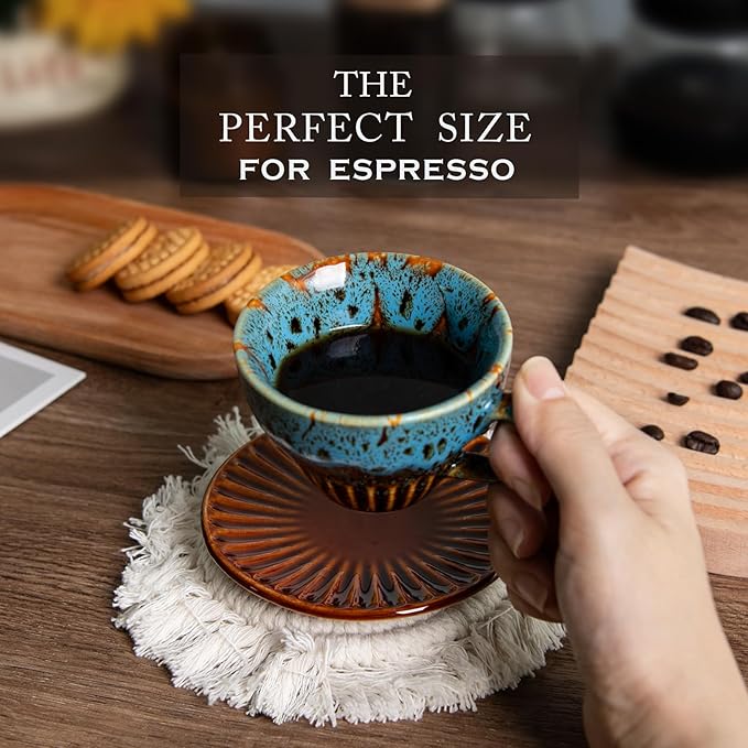YINUOWEI 2 oz Espresso Cups Set of 2, Ceramic Cappuccino Cups with Saucers, Durable Porcelain Tea Set & Modern Coffee Cup Collection, Coffee Lover Gifts, Glazed Blue