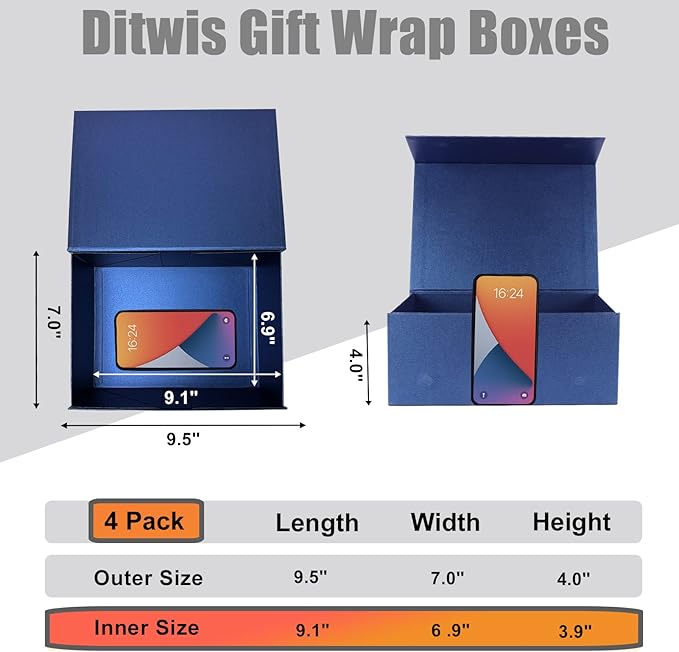 4 Pack 9.5x7x4 Inches Gift Boxes with Magnetic Closure Lids, Blue Magnetic Box for Wedding, Groomsmen Bridesmaid Proposal, Birthdays, Mother's Day